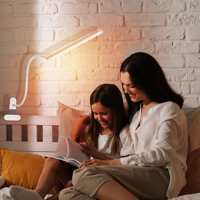 RAOYI LED Desk Lamp, 5W USB Clip on Light Eye-Caring Reading Clamp Table Lamp with 48 LEDs Flexible Neck, 3 Color Modes and 14 Brightness Levels for Office Bedroom Study (White)