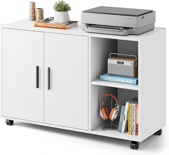 DEVAISE Office Storage Cabinet with Doors and Shelves, Lateral Printer Stand for Office Supplies and File Storage, Filing Cabinet for Home Office, White