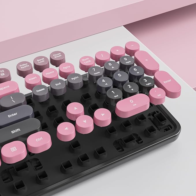 Guffercty kred Black and Pink Keyboard and Mouse Wireless, Retro Typewriter Cute Colorful Wireless Keyboard Full-Size 2.4GHz with Round Keycaps for Desktop Laptop and PC (Pink Plum)