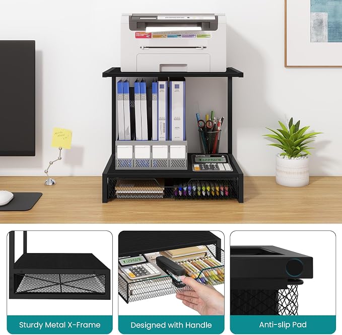 ELITEROO 2-Tier Printer Shelf with Drawers, Wooden Desk Organizer Shelf for Small Printers and Office Supplies, Desktop Storage Rack for Books, Folders, Scanner, Fax Machine, 3D Printer, Black