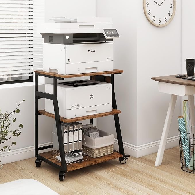 Natwind 23.6"x19.7" Large Printer Stand,3 Tier Printer Table with Charging Station, Rolling Cart with Adjustable Storage Shelf for Home Office Organization, Stand for Heat Press,3D Printer (Retro)