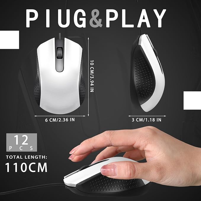 Hoteam 12 Pcs White Wired Computer Mouse Bulk Cord USB Computer Mice Ergonomic Wired Mouse for Pcs, Computers, Laptops, Gaming Office Home Supplies