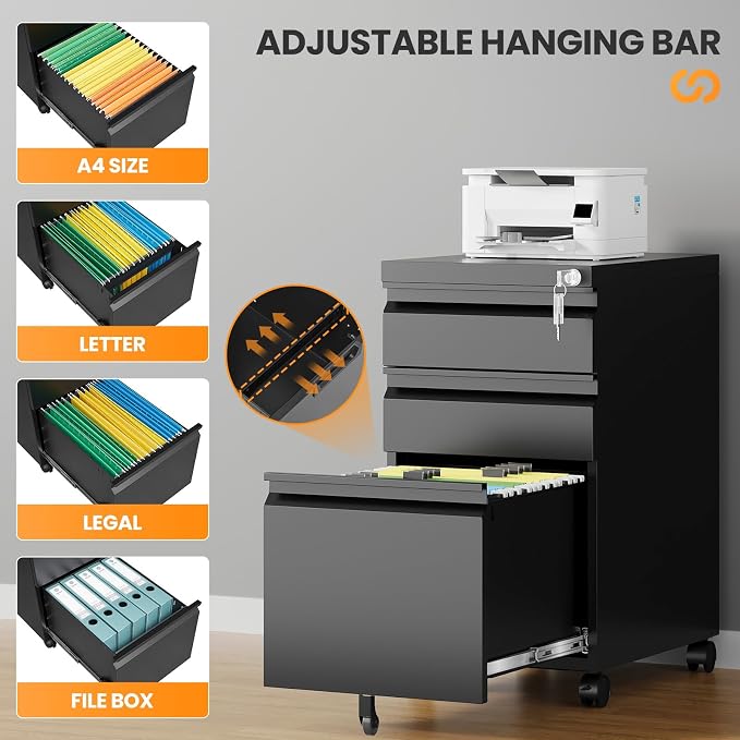 3 Drawer Mobile File Cabinet with Lock, Rolling Filing Cabinets for Home Office, Under Desk Small File Cabinet Three Drawers for Legal/Letter/A4 File, Black - Assembly Required