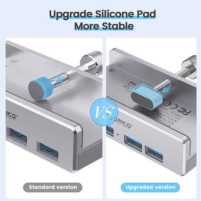 ORICO USB 3.0 Hub, USB Hub Clamp, Aluminum 4-Port USB Splitter with 4.92 FT USB Data Cable, Desktop Powered USB Hub for Monitors/Desks-Silver (Without Power Adapter)