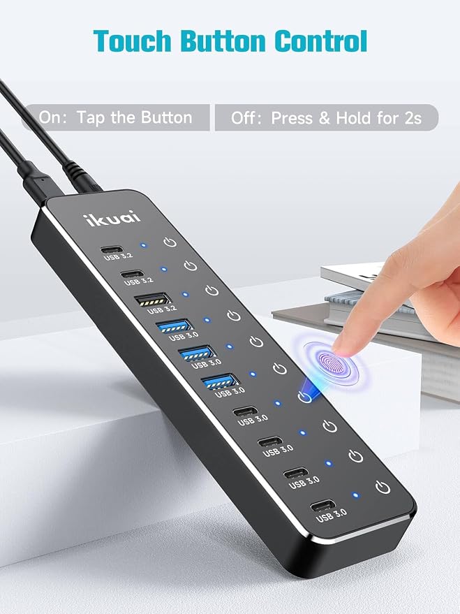 Powered USB Hub, ikuai 10-Port USB 3.2 / USB C Hub, with 3 10Gbps Data Ports and 7 USB 3.0 Ports (4 USB-C + 3 USB-A) for Mac PC Laptops and More