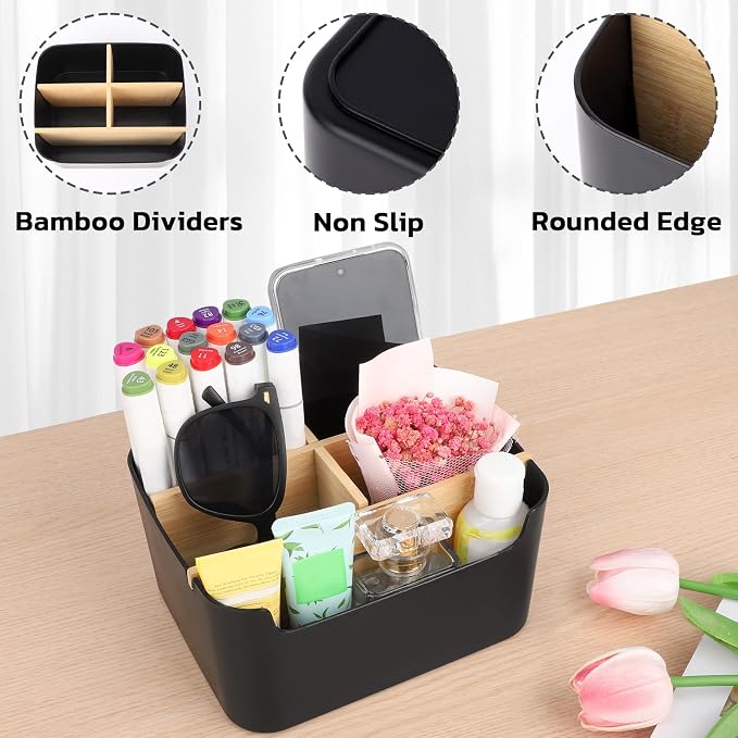 Segarty Black Desktop Organizer, Detachable Bamboo Remote Control Holder, Desk Storage Box Pencil Pen Holder Caddy for Office Home Bedside Nightstand Organization