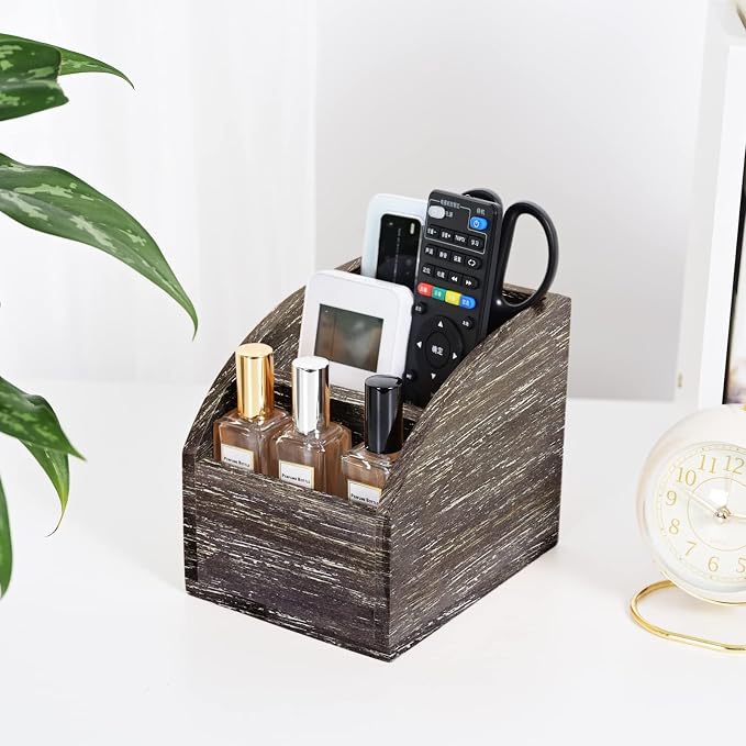 Rustic Brown Wooden Desk Organizer Farmhouse Wood Remote Control Caddy, Vintage 3 Slot Tabletop Desktop Office Supply Storage Rack Desktop TV Remote Control Holder Home Decor Office Supplies Storage