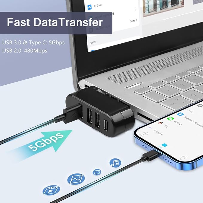 VIENON 4-Port USB C Hub [90°/180° Degree Rotatable], USB C Adapter Splitter with PD-in 5W Port, USB Extender for MacBook, iMac, Surface, and More C Port Laptop(Not for Car)