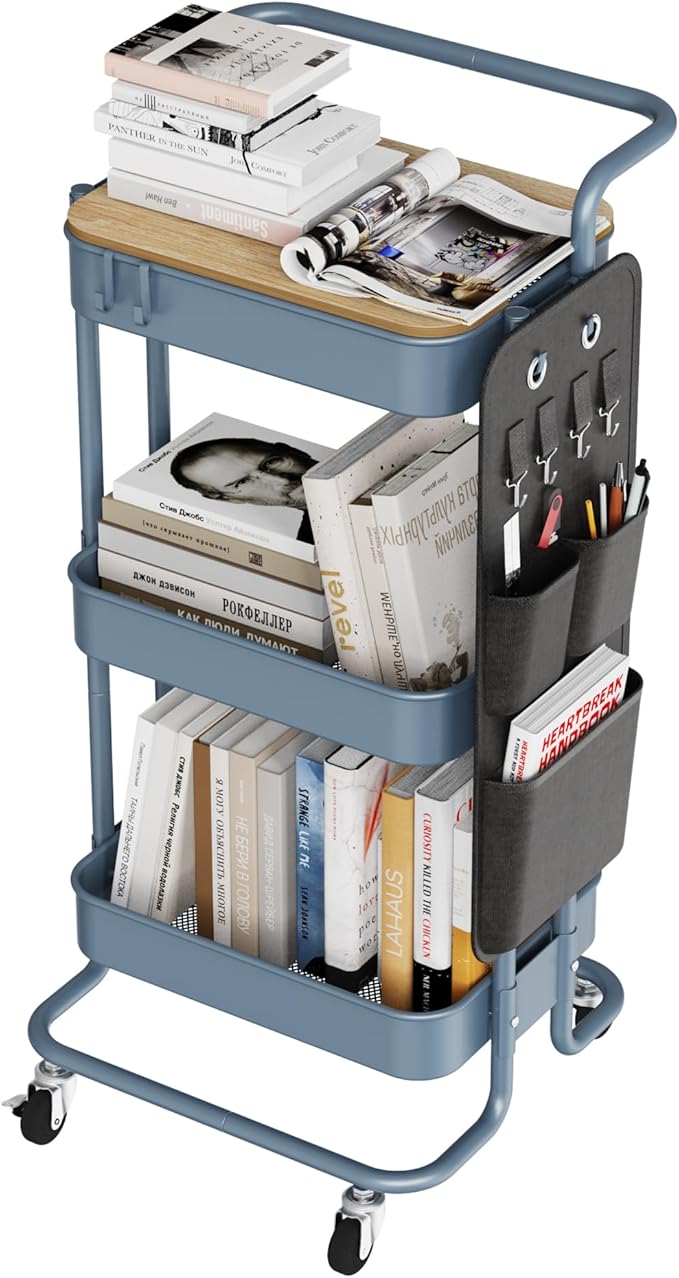DTK 3 Tier Metal Utility Rolling Cart with Table Top and Side Bags, Metal Tray Storage Organizer Cart with Wheels, Art Craft Cart with 4 Hooks for Kitchen Bathroom Office Living Room (Blue)