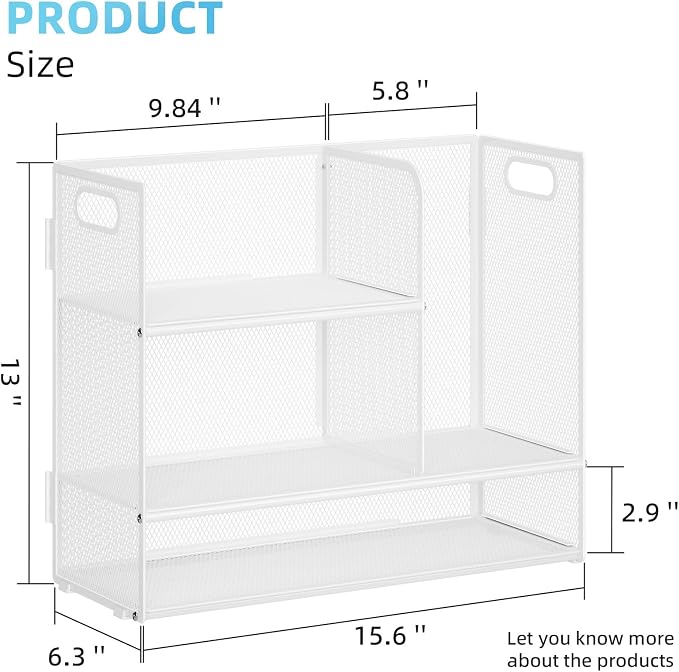Marbrasse 3-Tier Desk Shelf Organizer with Handle, Desktop Bookshelf File Holder, Mesh Display Shelf Organizer Storage Rack for Office, Home, Supplies, Kitchen (White)
