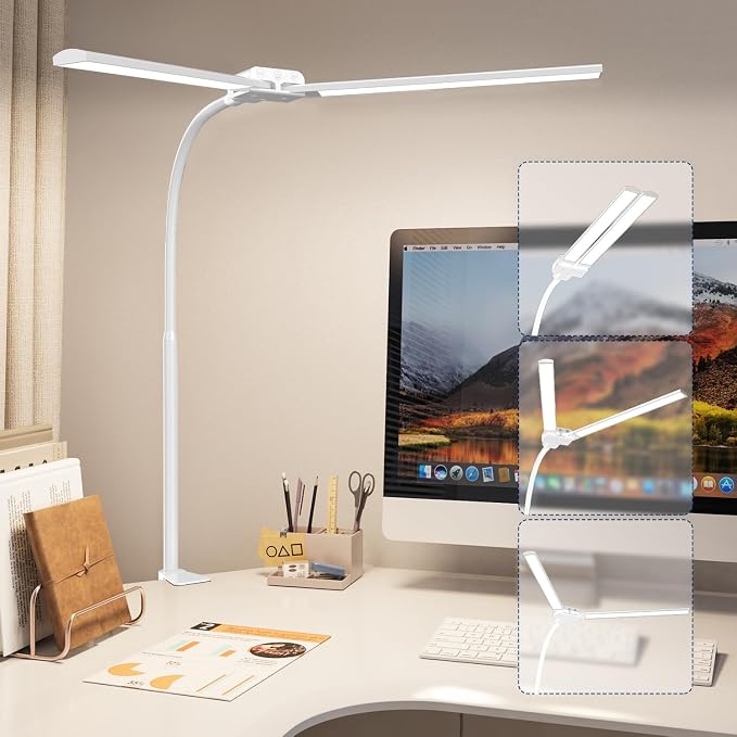 KableRika Desk lamp,Double Head LED Desk Lamp with Clamp,Architect Desk Lights for Home Office,Eye-Caring Desktop Office Lamp 4-Brightness 4-Color Table Lamp for Monitor Workbench Reading White