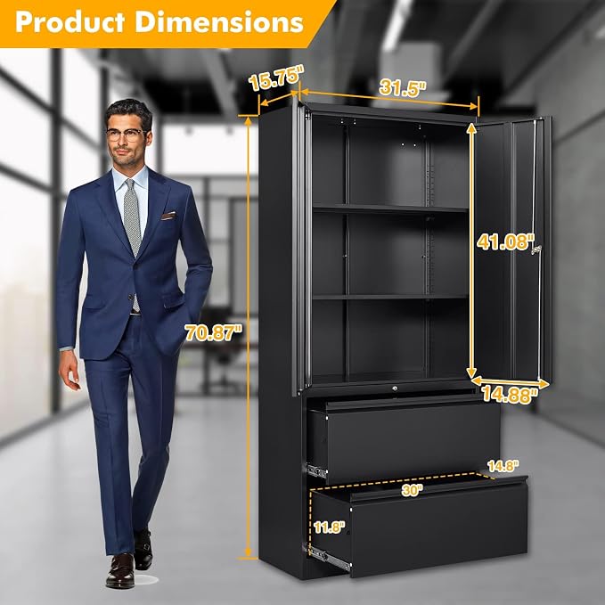 STANI 2 Drawer Lateral File Cabinet - Metal Storage Cabinet with Locking Drawers for Letter/A4 Size Files (Black)