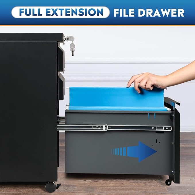 DEVAISE 3 Drawer Mobile File Cabinet with Lock, Under Desk Metal Filing Cabinet for Home Office/Legal/Letter/A4 File, Fully Assembled Except Wheels, Black