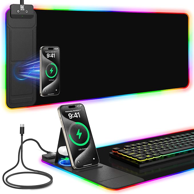 Mouse Pad with Foldable Phone Holder & Wireless Charger, XL RGB Gaming Mousepad 31.5"x11.8" Large Desk Mat for Keyboard, Home Desk Pad with Dual Qi Charging Station | 11 Colors & 5 Modes | Waterproof