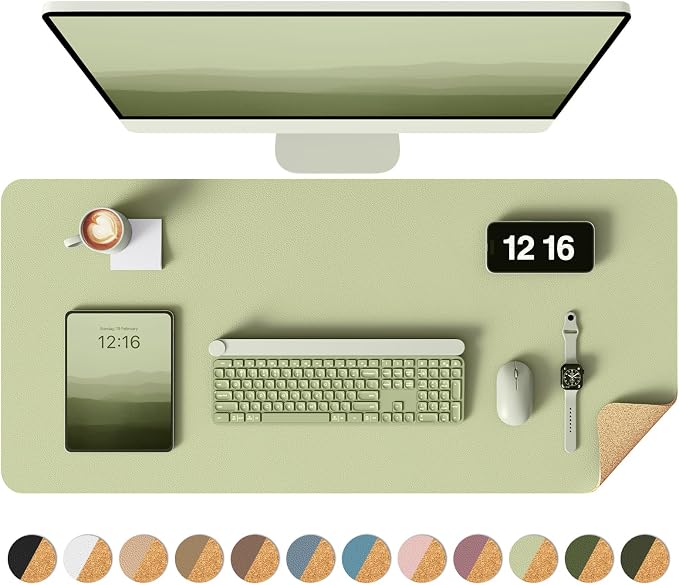 YSAGi Double-Sided Desk Pad, 31.5"x15.7" Leather Desk Mat, Eco Cork Desk Pad Protector,Large Mouse Pad,Waterproof Desk Blotter for Office/Home (Matcha Green/Cork)