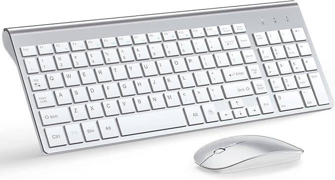 Wireless Keyboard and Mouse Ultra Slim Combo, TopMate 2.4G Silent Compact USB 2400DPI Mouse and Scissor Switch Keyboard Set with Cover, Batteries Included, for PC/Laptop/Windows/Mac - Silver White