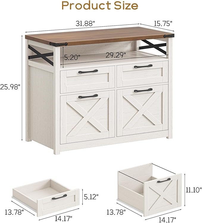 Farmhouse 4 Drawer File Cabinet with Open Storage Shelf, Lateral Filing Cabinet Fits Letter/A4/ Size, Home Office Filing Organizer, Document Storage Printer Stand for Office and Home. Uunique White