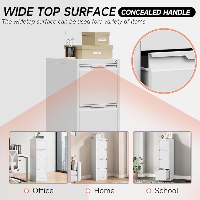 4 Drawer File Cabinet with Lock,17.8" Deep Metal Filing Cabinet,Vertical File Cabinets for Home Office,Locking File Drawer Tall for Hanging Letter/A4/Legal Folders, Easy Assemble-White