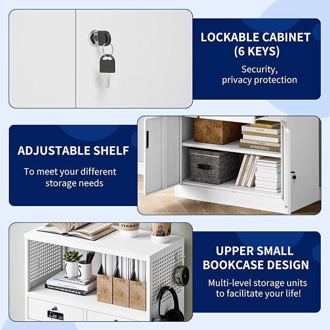Yizosh Locking Cabinet with 2 Drawers, Metal Storage Cabinet with Locking Doors and Shelves - 41.3" Steel Lockable Storage Cabinet, Metal Cabinet for Home Office, Garage, School (White)