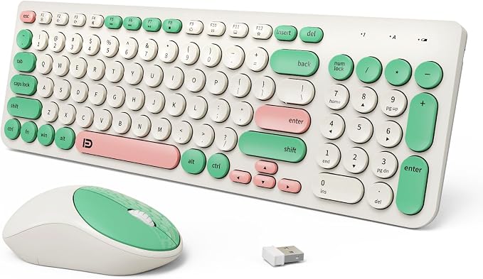 Wireless Keyboards Mouse Combos, Colorful Quiet Keyboard Cute Typewriter Full-Size Retro Round Keycaps, 2.4GHz Sleep Mode Office Wireless Keyboard and Mouse Set for Desktop Laptop PC Computer