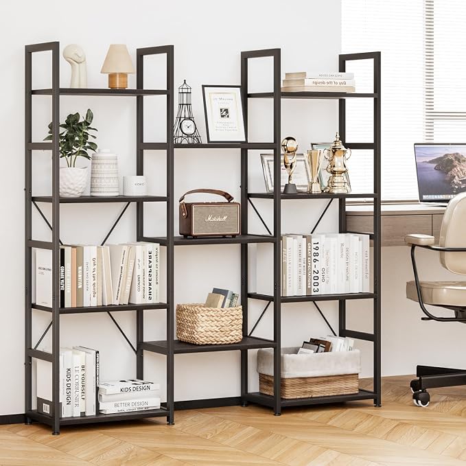 NUMENN Triple Column 4 Tier Bookshelf, Bookcase with 11 Open Display Shelves, Adjustable Rustic Industrial Style Book Shelves, Modern Bookshelves for Bedroom, Living Room and Home Office, Black