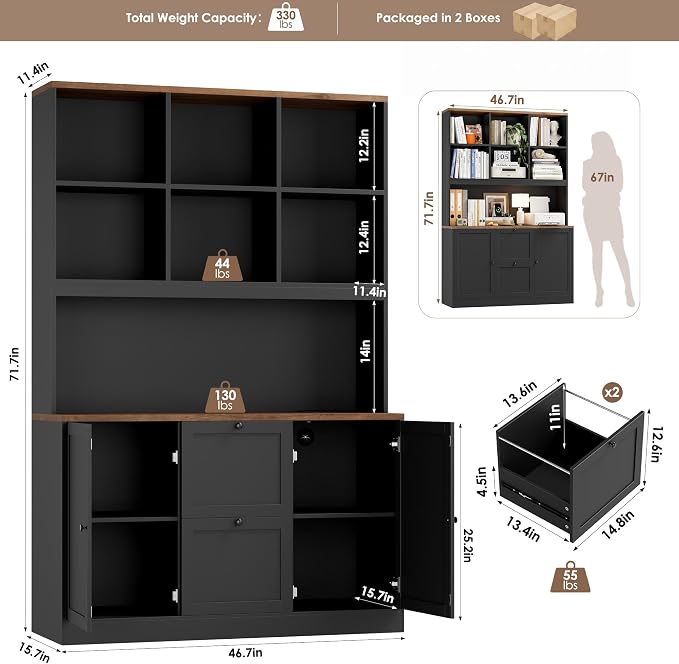 HIFIT 72'' Tall File Bookcase with Power Outlet & Printer Stand, 2 Drawer Filing Cabinets for Home Office Fit Hanging A4 File, Storage Cabinet w/ 3 Tier Open Book Shelf & Doors for Living Room, Black