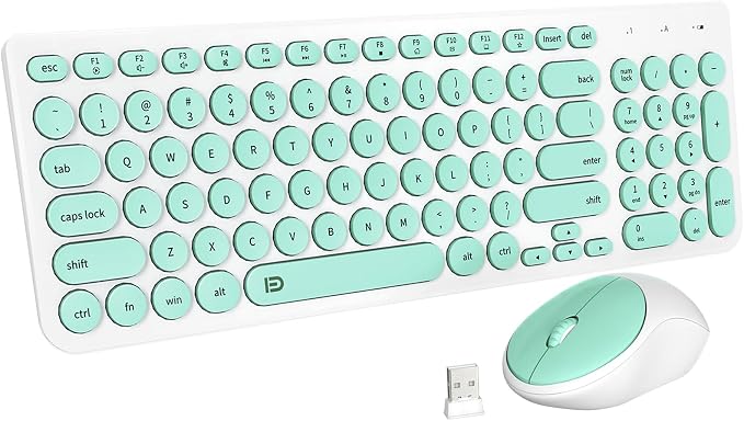FD Wireless Keyboard and Mouse Combo - 2.4GHz USB Cordless, Cute Round Keys, Quiet and Slim Set for Laptop, Computer, TV, and Mac - Mint Green & White