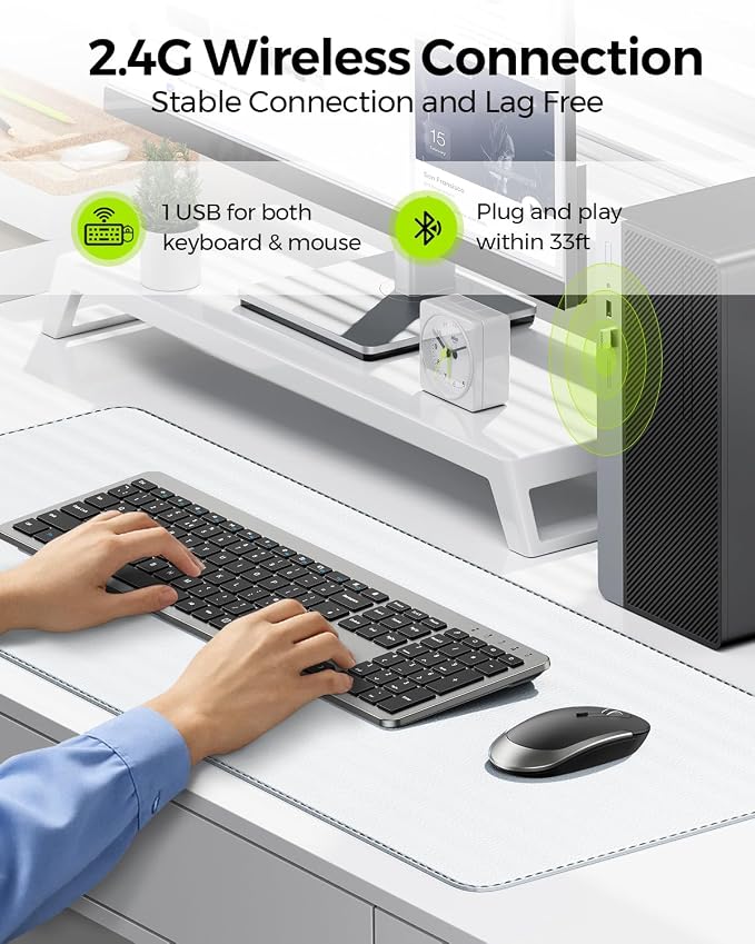 Wireless Keyboard and Mouse Combo - Full Size Slim Thin Wireless Keyboard Mouse with Numeric Keypad 2.4G Stable Connection Adjustable DPI (Grey & Black)