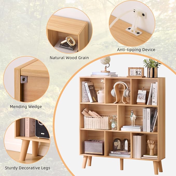 LEYAOYAO Wooden 8 Cube Book Shelf, Natural 3 Tier Bookshelf with Legs, Modern Open Storage Organizer,Boho Bookcase,Display Cabinet Shelf Free Standing Bookshelves for Bedroom,Living Room,Office
