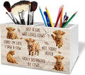 Rustic Highland Cow Pen Holder for Desk, Gifts for Highland Cow Lovers Wooden Box Sign Desk Decor for Girls Room Home Office Decoration, Farmhouse Heifer Pencil Organizer