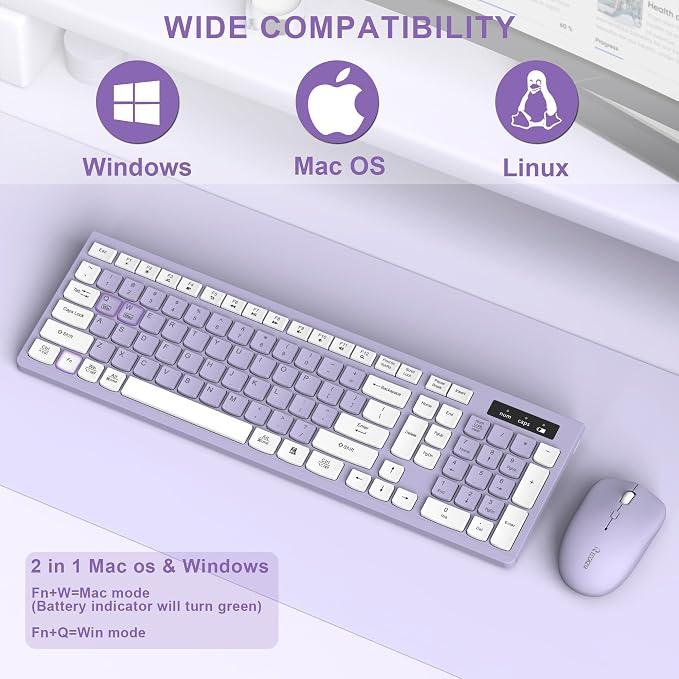 Wireless Keyboard and Mouse Combo, Full-Sized Wireless Keyboard and Adjustable DPI Mouse, 2.4GHz USB Receiver, Silent Keyboard and Mouse for PC, Windows, MAC, Desktop, Laptop(Purple)