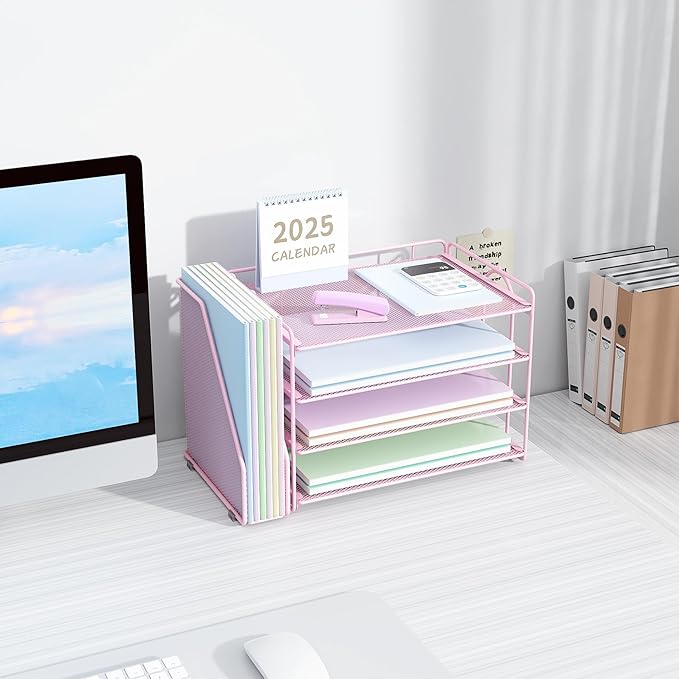 Spacrea Desk Organizers and Accessories, Paper Organizer for Desk with File organizer, Desk Accessories & Workspace Organizers for Office Supplies (Pink)