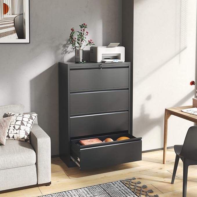 4 Drawer Lateral File Cabinet with Lock, Metal Lateral Filing Cabinet for Home Office, Steel Wide Horizontal Filing Cabinets for Letter/Legal/A4/F4 Hanging Files (Black)