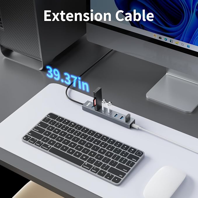atolla Aluminum 7-Port USB 3.0 Hub with 1m Extension Cable - 5Gbps High-Speed Data Transfer for MacBook Pro, Laptop, PC, Gaming Setup-Gray