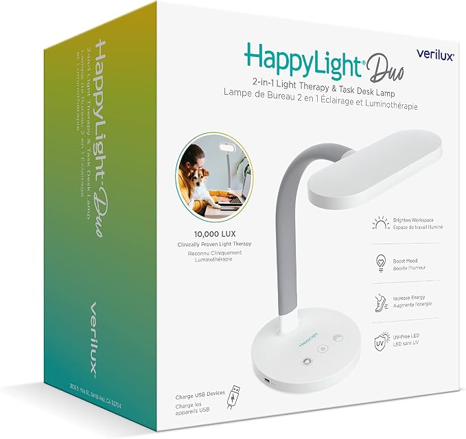 Verilux HappyLight Duo - 2-in-1 Light Therapy & Task Desk Lamp - UV-Free Full Spectrum LED, 10,000 LUX, Adjustable Brightness and Color, Flexible Gooseneck, and Integrated USB Charging Port