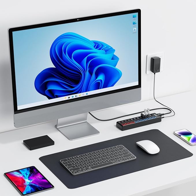 Powered USB Hub, JESWO 11-Port USB 3.0 Hub (7 Data Transfer Ports + 4 Smart Charging Ports) with Individual LED On/Off Switches, USB Hub Powered with 12V/3A Power Adapter for Mac, PC