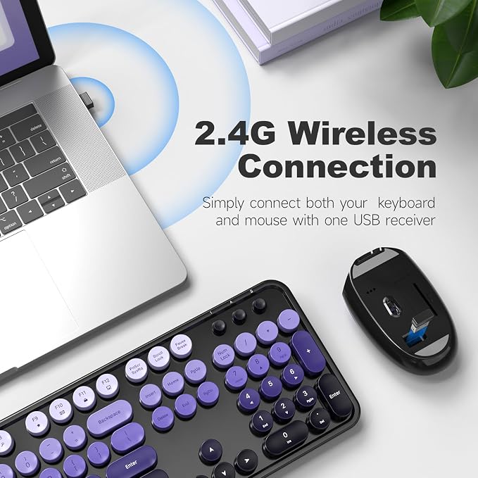 MOFII Wireless Computer Keyboard and Mouse Combo, Typewriter Full Size Keyboard with Number Pad and 2 in 1 USB Connected Mouse for PC Laptop Desktop Windows 7 8 11, Black & Purple