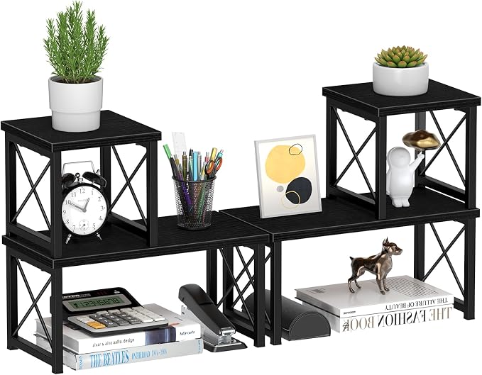 Honiter 2 Sets Desk Shelf, Desktop Organizer Shelf, Freestanding Small Bookshelf Desk Organizer, 2 Tier Independent Stackable Desktop Shelves, Desktop Office Storage Rack Display Shelf, Black