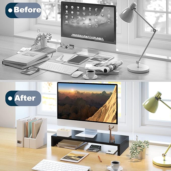 TEAMIX 20 Inch Monitor Stand Riser, Black Desktop Stand for PC/TV/Laptop/Printer, Wood Monitor Riser with Storage, Computer Stand Keyboard Organizer