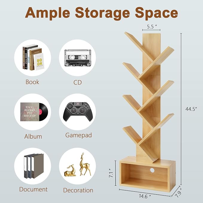 Hoctieon 6 Tier Tree Bookshelf, Tall Bookcase with Drawer, Freestanding Book Shelf, Display Floor Standing Storage Shelf, Book Organizer Shelves for Home Office, Living Room, Bedroom, Yellow