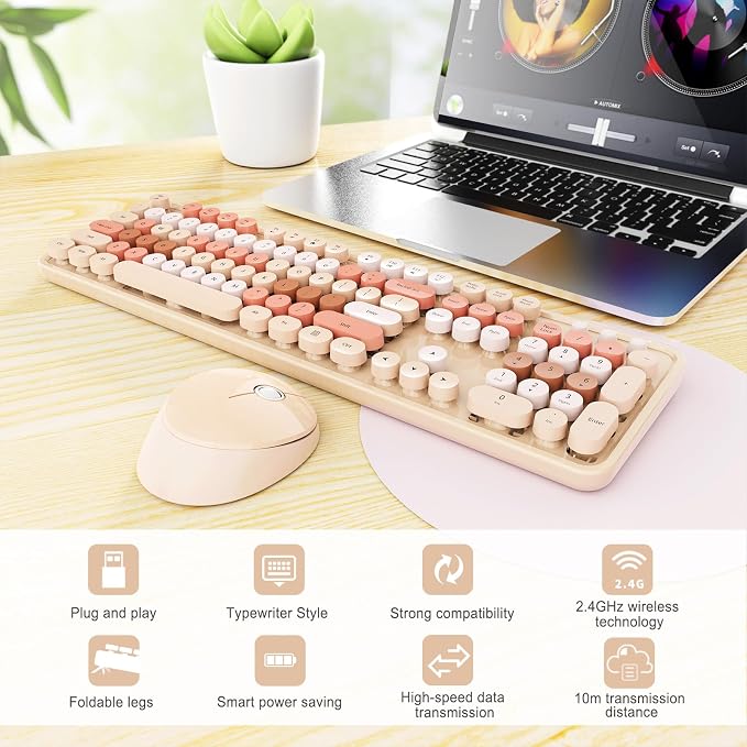 Wireless Keyboard and Mouse Combo, Ergonomic Full Size Typewriter Retro Round Keycaps Keyboard, Compatible with Windows, PC, Perfer for Home and Office Keyboards (Chocolate Color)