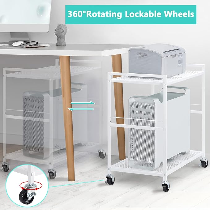 YBING Computer Tower Stand White PC Tower Stand 2 Tier CPU Holder with Wheels Metal Mobile Computer Tower Cart Rolling PC Cart Floor for Fax Home Office