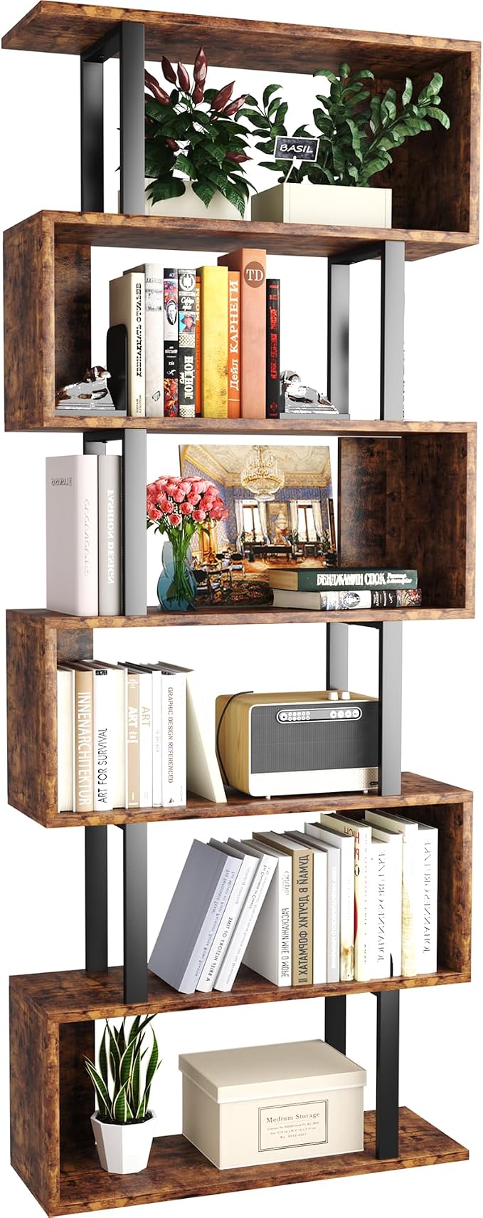 Yusong Geometric Bookcase, S Shaped Bookshelf 6-Tier Book Shelves for Bedroom, Modern Wood Decorative Display Shelf Tall Book Case for Home Office, Bown and Black
