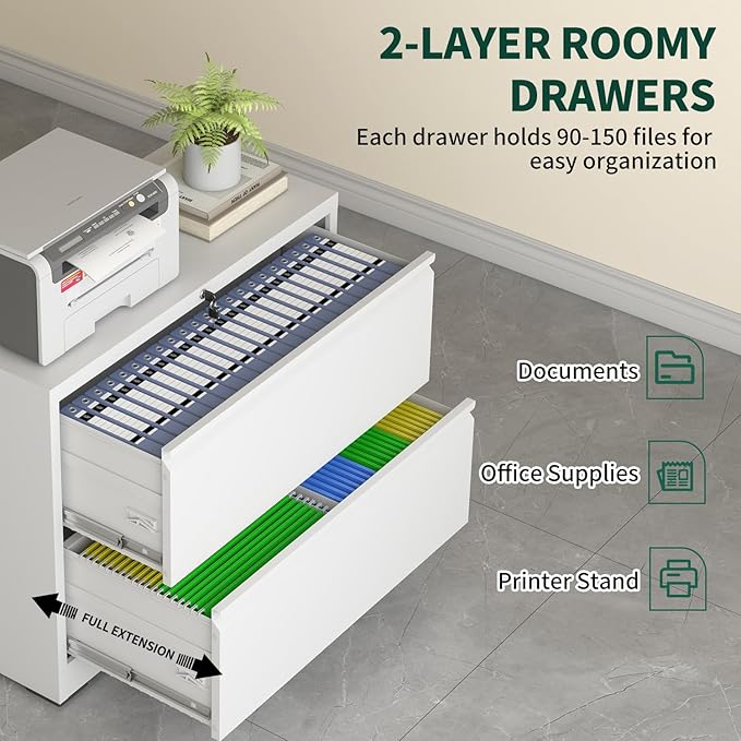 2 Drawer Lateral File Cabinet with Lock, 26.77“W File Cabinets for Home Office Legal/Letter A4 Size, File Cabinet Storage Cabinet,Require Assembly, White