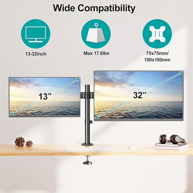MOUNT PRO Dual Monitor Mount Fits 13-32 Inch/17.6lbs LCD Screen, Computer Monitor Desk Mount, Articulating Monitor Arm, Height Adjustable Display Stand for 2 Monitors, VESA Mount 75x75/100x100mm