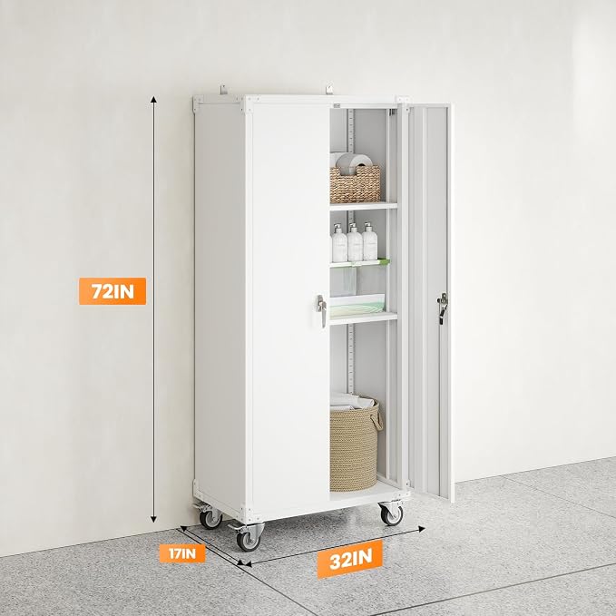 DUMOS 72" Metal Garage Storage Cabinet with Wheels, Tall Rolling Steel Tool Organizer with Adjustable Shelves and Locking Doors, Lockable File Cabinet for Garage, Home, Office, Warehouse, White
