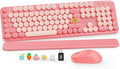 Wireless Keyboard and Mouse Combo, Cute Full-Size Retro Typewriter Keyboard with Round Keycaps, Magnetic Wrist Rest, Tilt Legs, 2.4GHz Cordless for Mac, Windows PC, Laptop, SABLUTE CK23, Baby Pink