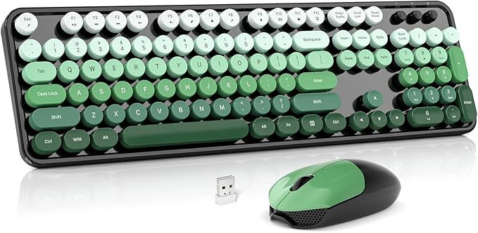 Wireless Keyboard and Mouse Combo, MOWUX Full Size Typewriter Retro Round Computer Keyboard, Cute Optical Mouse Wireless, Plug and Play, for Laptop, PC, Computer-Green Gradient Colorful