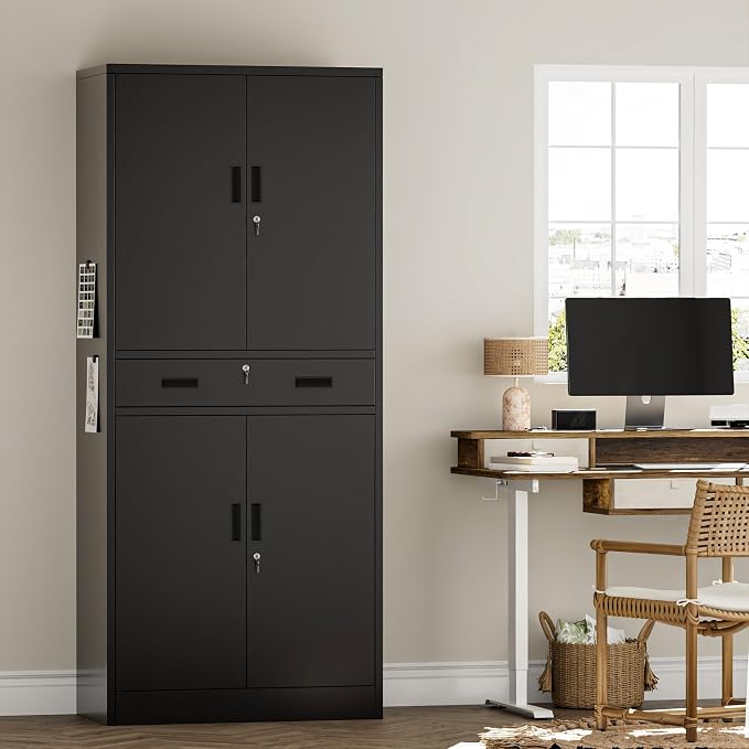 Metal Storage Cabinets with 1Drawer, 71" Storage Cabinet with 4 Locking Doors and 2 Adjustable Shelves, Steel Storage File Cabinet for Pantry Home, Kitchen, Office, Garage (Black)