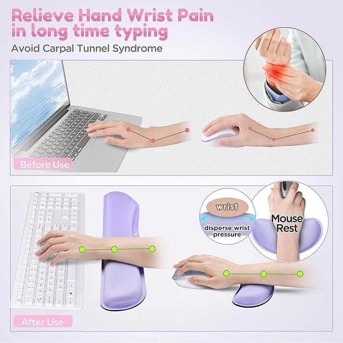 Gimars Upgrade Enlarge Gel Memory Foam Set Keyboard Wrist Rest Pad, Mouse Wrist Cushion Support for Office, Computer, Laptop, Mac, Comfortable, Lightweight for Easy Typing Pain Relief, Purple
